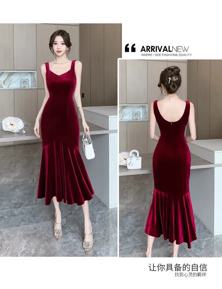 Backless Sleeveless Midi Dresses,  Autumn Winter Elegant Wedding Party Mermaid Female Clothing