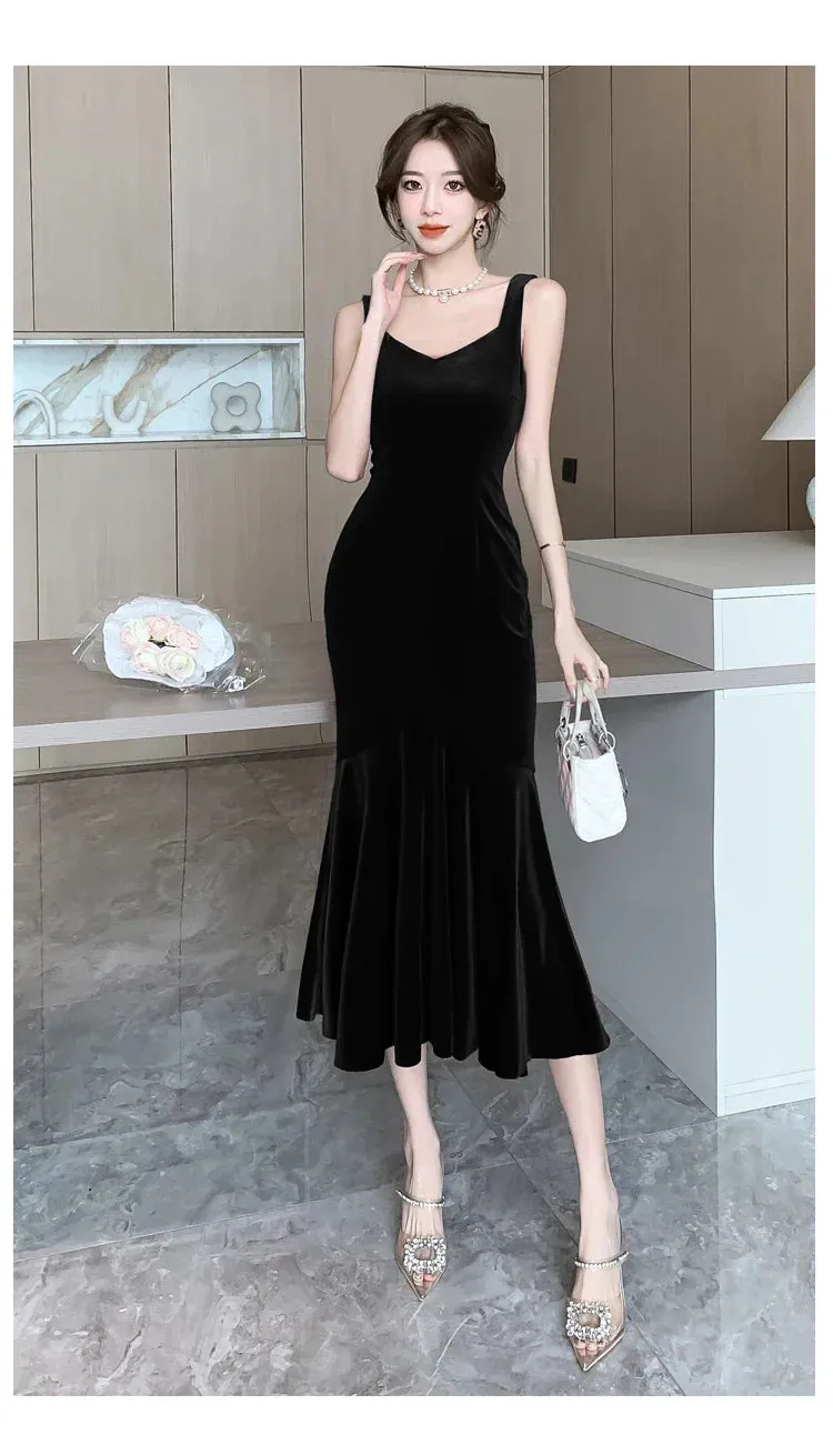 Backless Sleeveless Midi Dresses,  Autumn Winter Elegant Wedding Party Mermaid Female Clothing