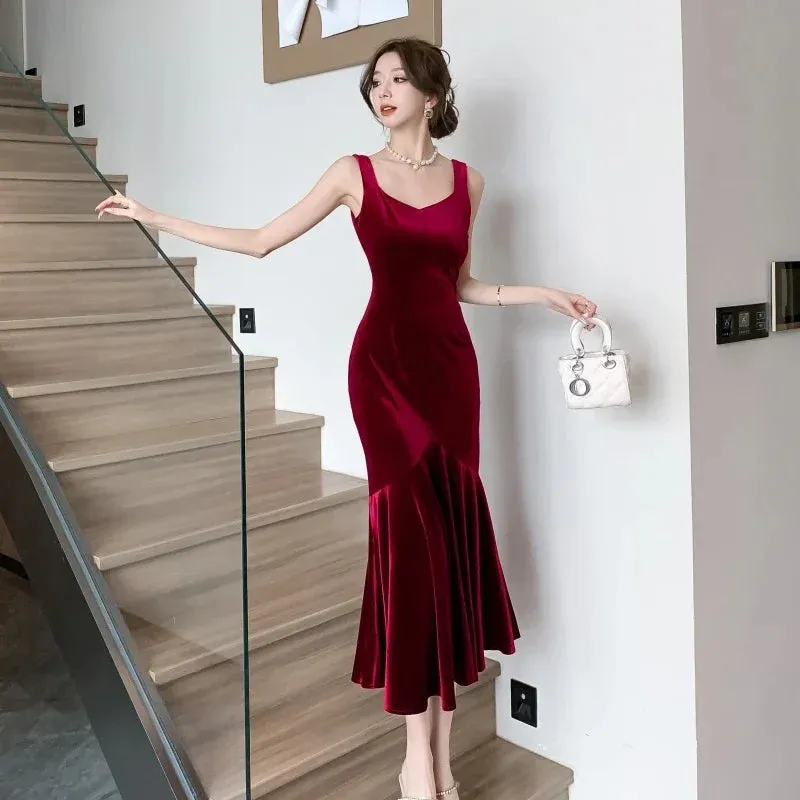 Backless Sleeveless Midi Dresses,  Autumn Winter Elegant Wedding Party Mermaid Female Clothing