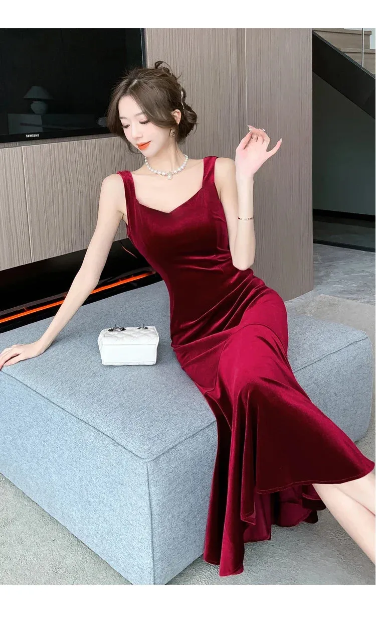 Backless Sleeveless Midi Dresses,  Autumn Winter Elegant Wedding Party Mermaid Female Clothing