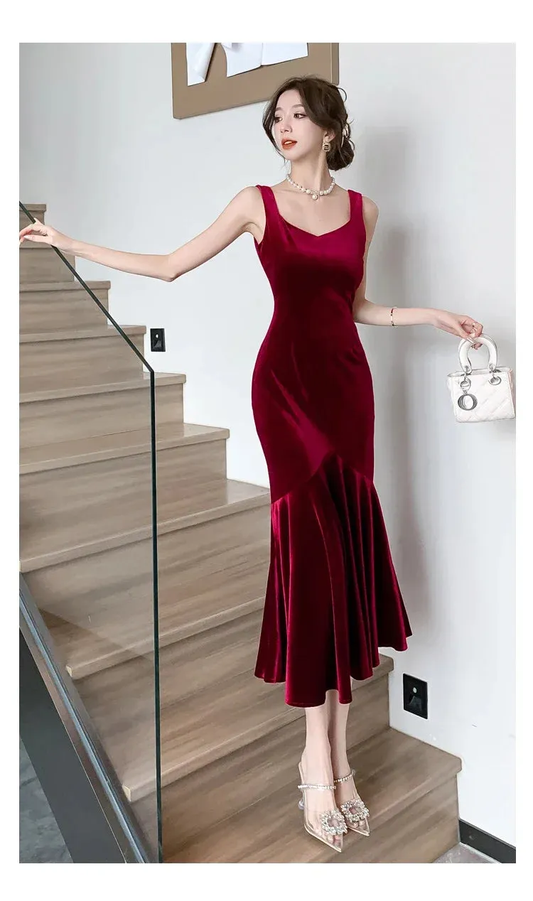 Backless Sleeveless Midi Dresses,  Autumn Winter Elegant Wedding Party Mermaid Female Clothing