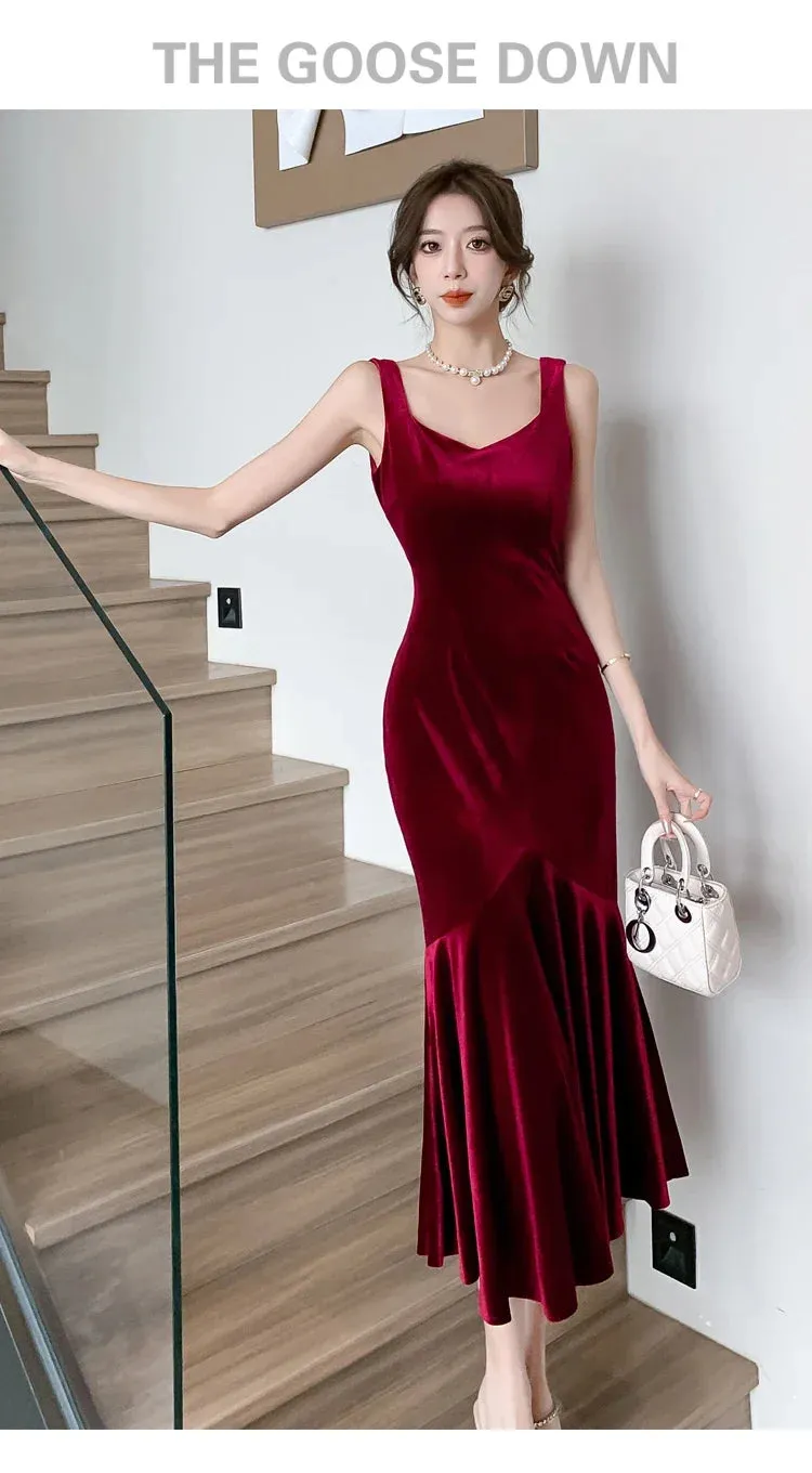 Backless Sleeveless Midi Dresses,  Autumn Winter Elegant Wedding Party Mermaid Female Clothing