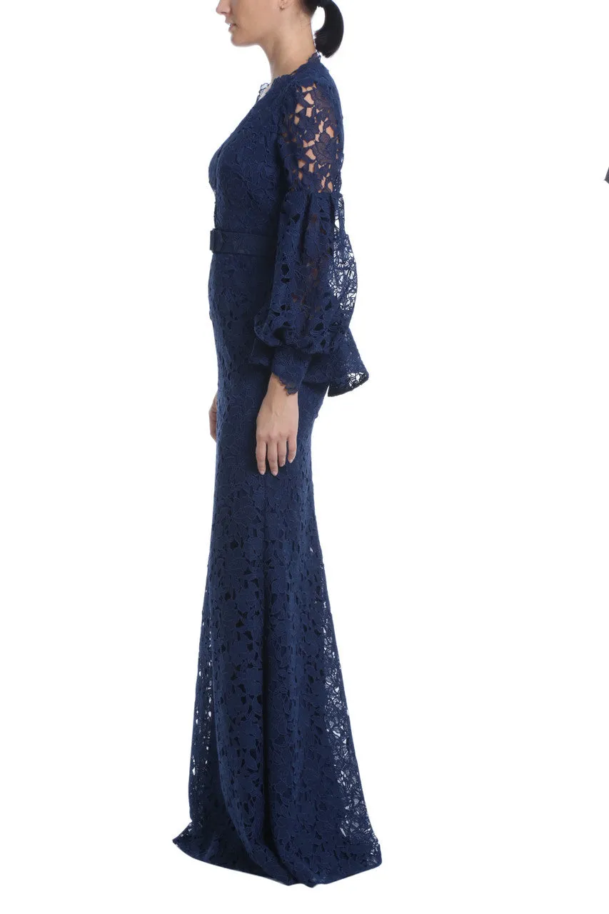 Badgley Mischka V-neck blouson sleeve crystal button detail belted zipper closure lace gown