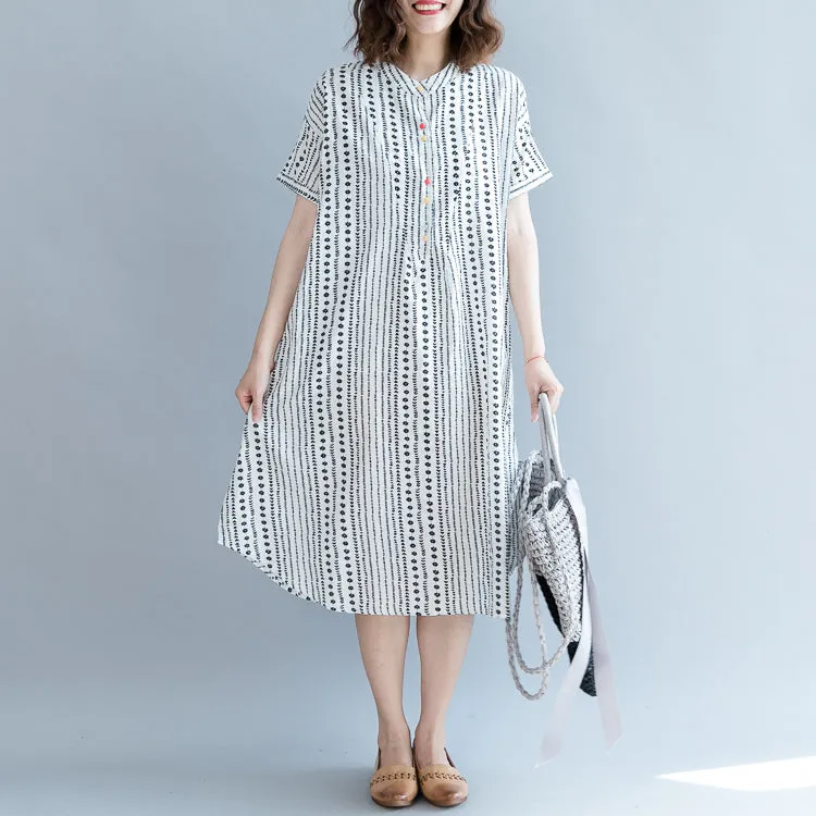 baggy white floral chiffon shift dress oversized casual dress New short sleeve pockets Stand baggy dresses