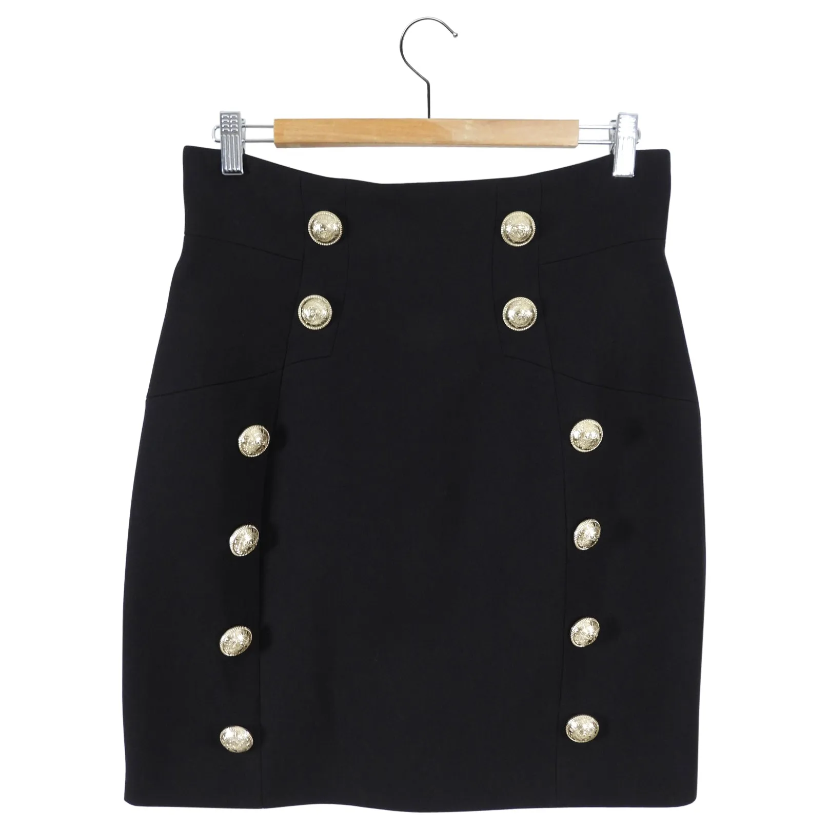 Balmain Black Wool Fitted Mini Pencil Skirt with Gold Buttons - FR42 / USA 10