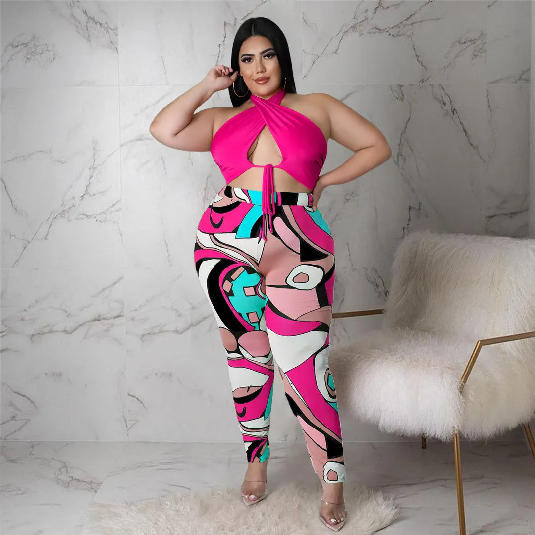 Bandage print hanging neck plus size Set AY1910