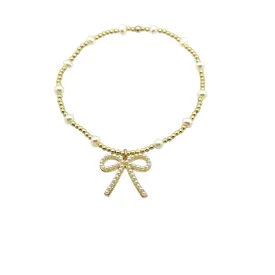 bara boheme - "BARA   FWP BOW" Charm Gold Filled & Pearl Beaded Bracelet: Gold Filled Beads / Stretchy 6.5"