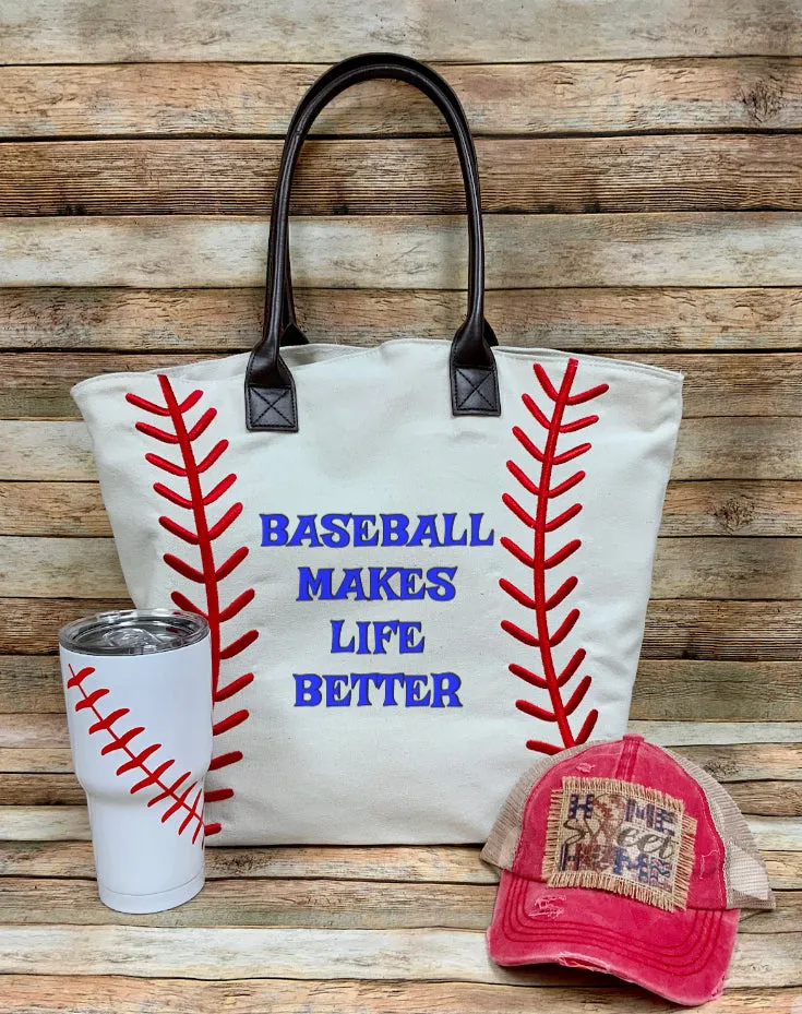 Baseball Tote with Embroidered Laces and Faux Leather Straps