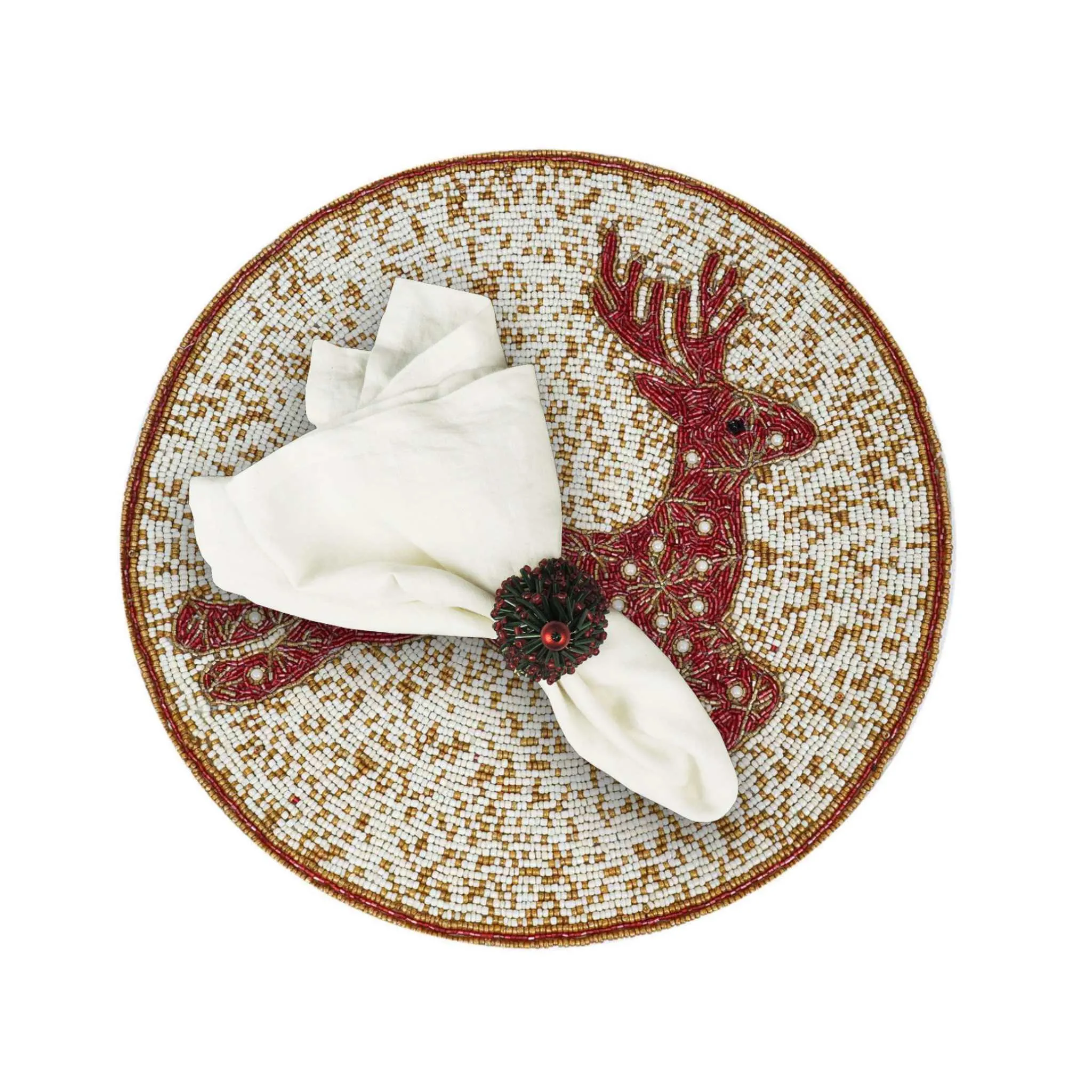 Be A Deer Christmas Beaded Placemat in Cream & Red, Set of 2