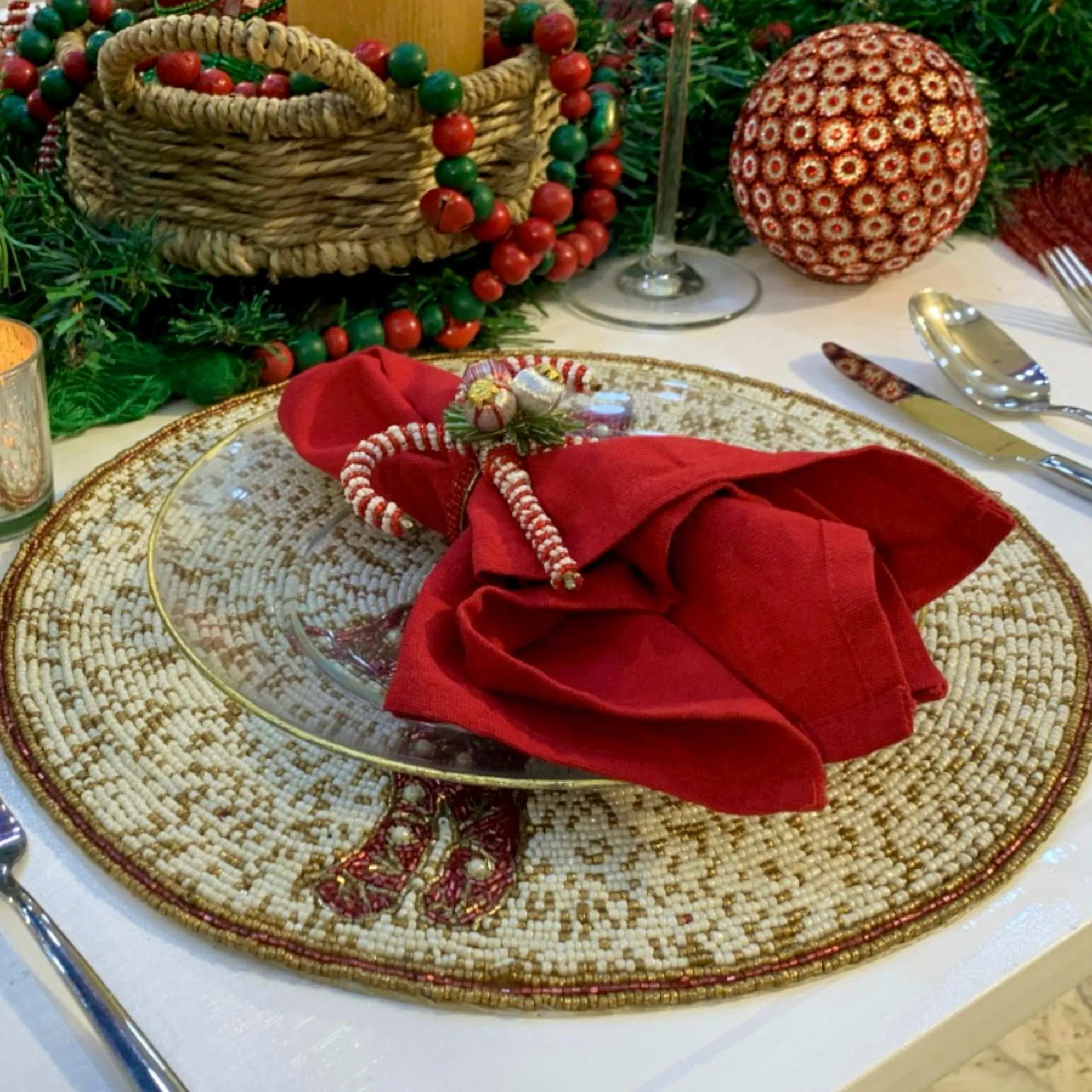 Be A Deer Christmas Beaded Placemat in Cream & Red, Set of 2