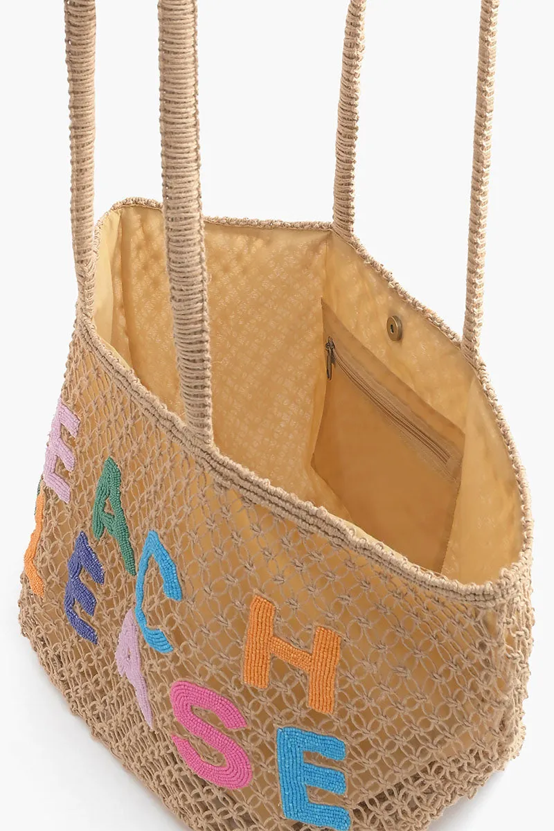 Beach Please Beaded Macrame Jute Tote