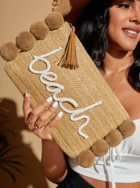 Beach Pompom Straw Clutch Bag