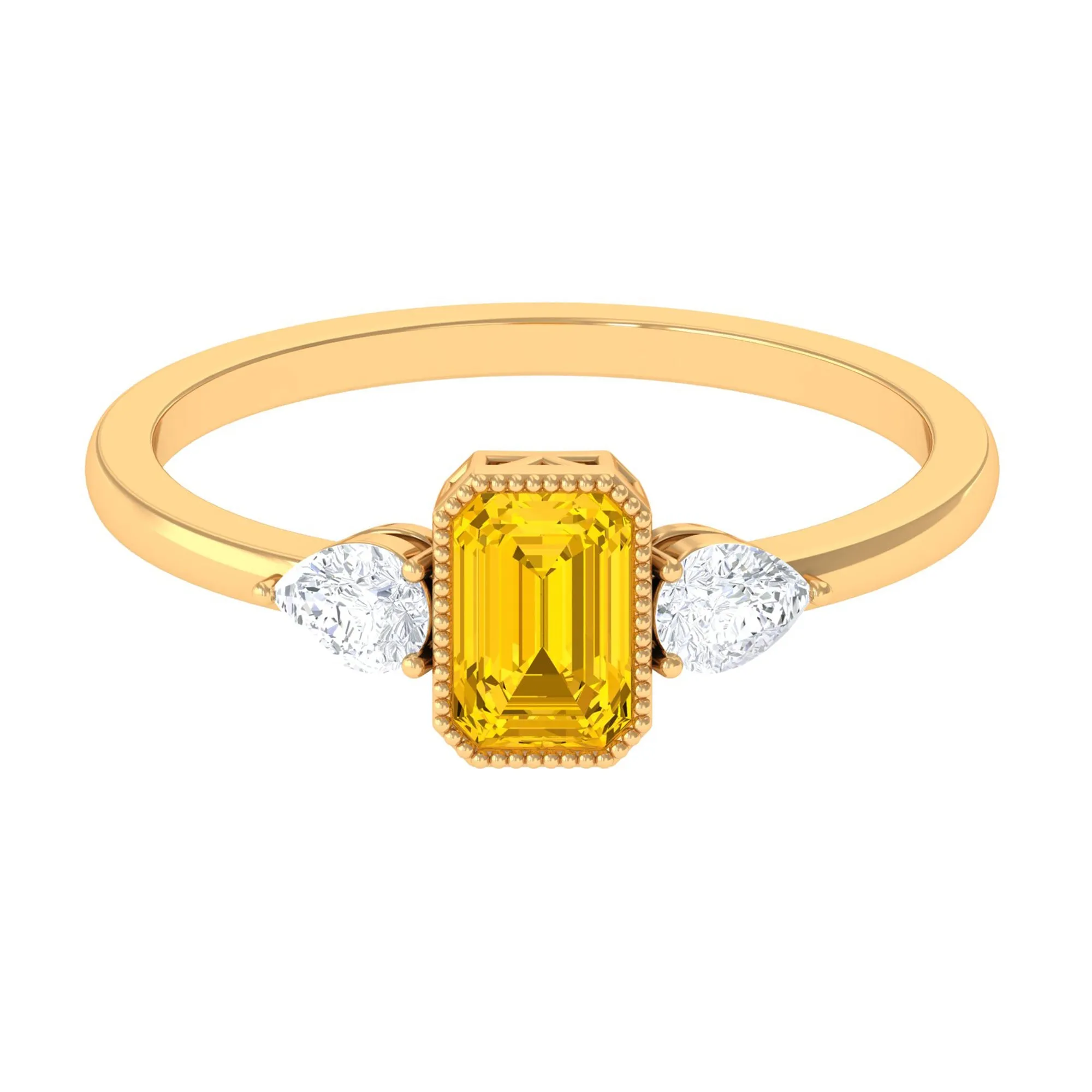 Beaded Bezel Set Emerald Cut Yellow Sapphire Solitaire Ring with Diamond