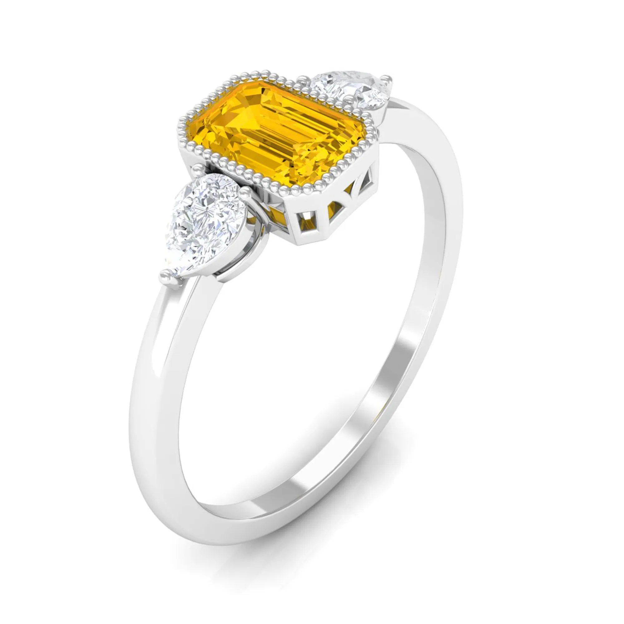 Beaded Bezel Set Emerald Cut Yellow Sapphire Solitaire Ring with Diamond