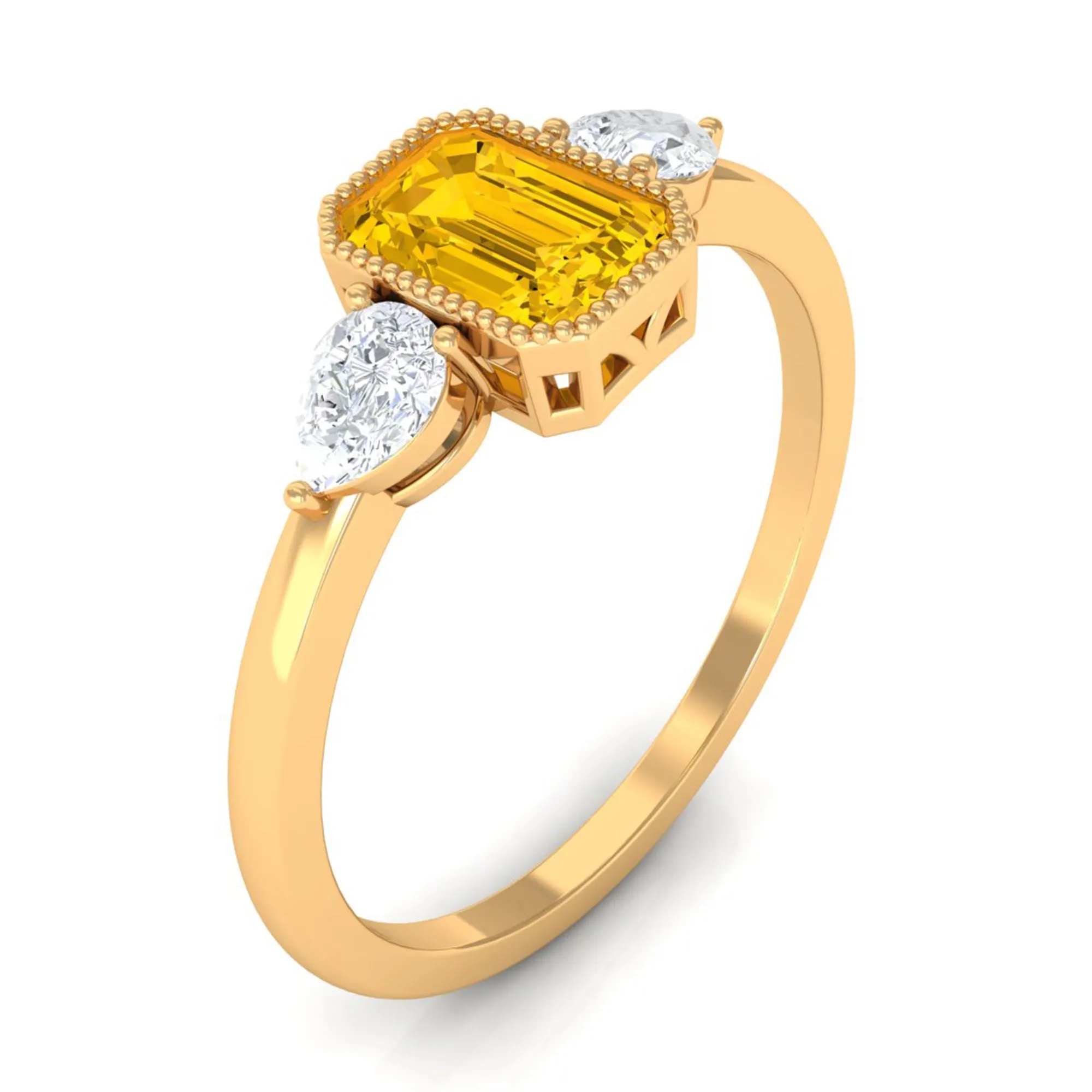 Beaded Bezel Set Emerald Cut Yellow Sapphire Solitaire Ring with Diamond