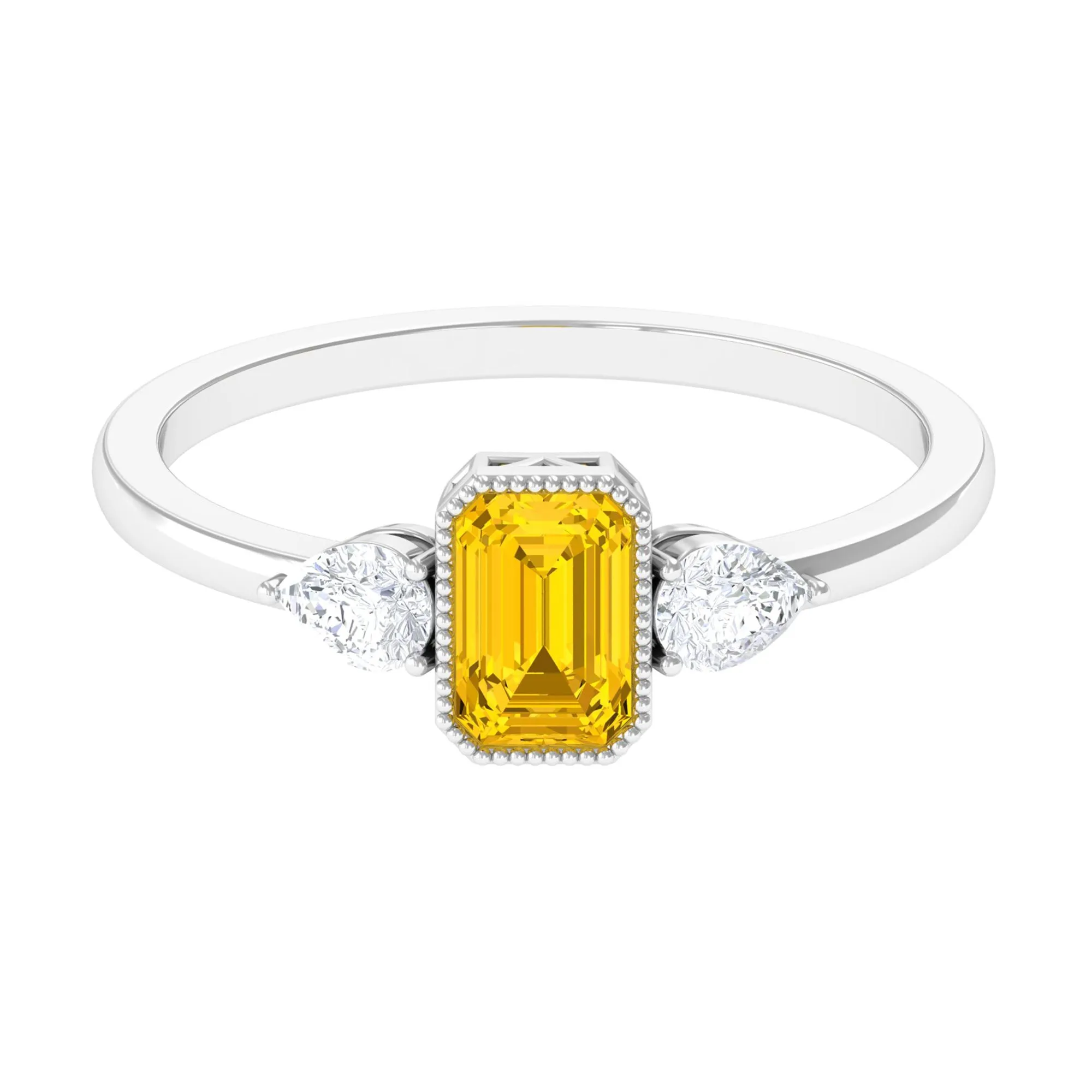 Beaded Bezel Set Emerald Cut Yellow Sapphire Solitaire Ring with Diamond