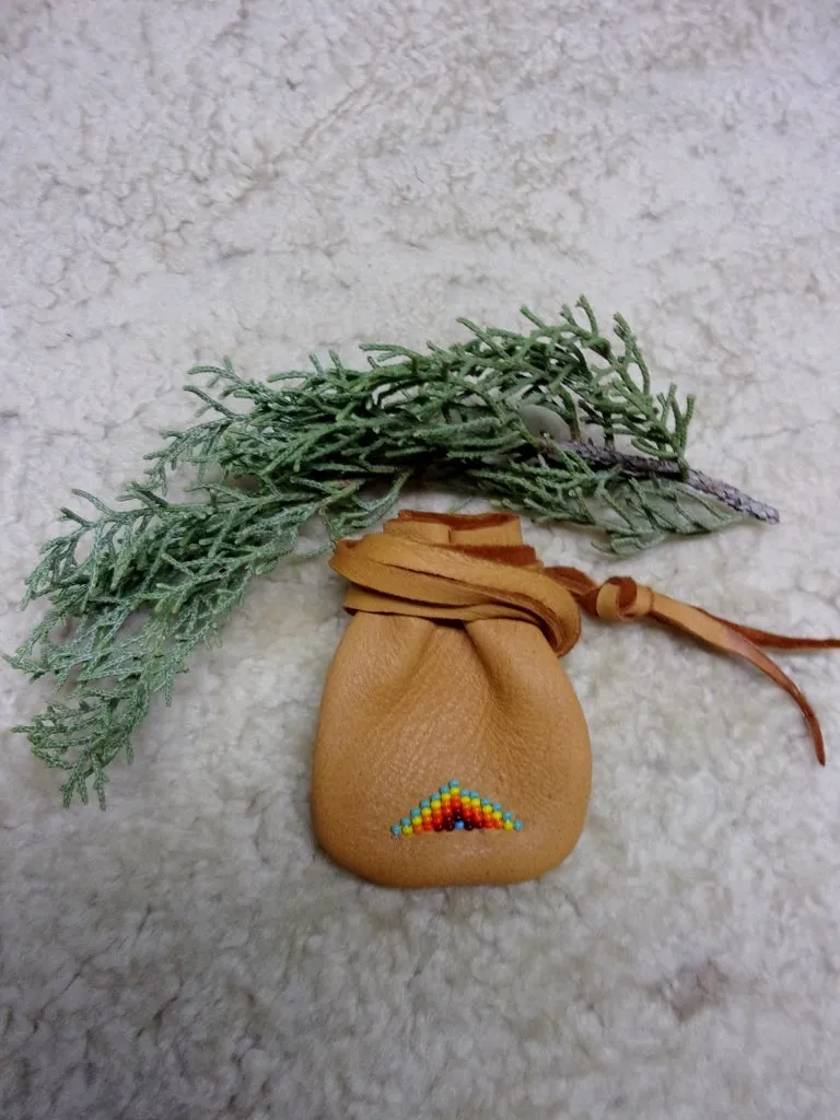 Beaded medicine bag, necklace amulet bag, beaded rainbow bag, leather medicine pouch