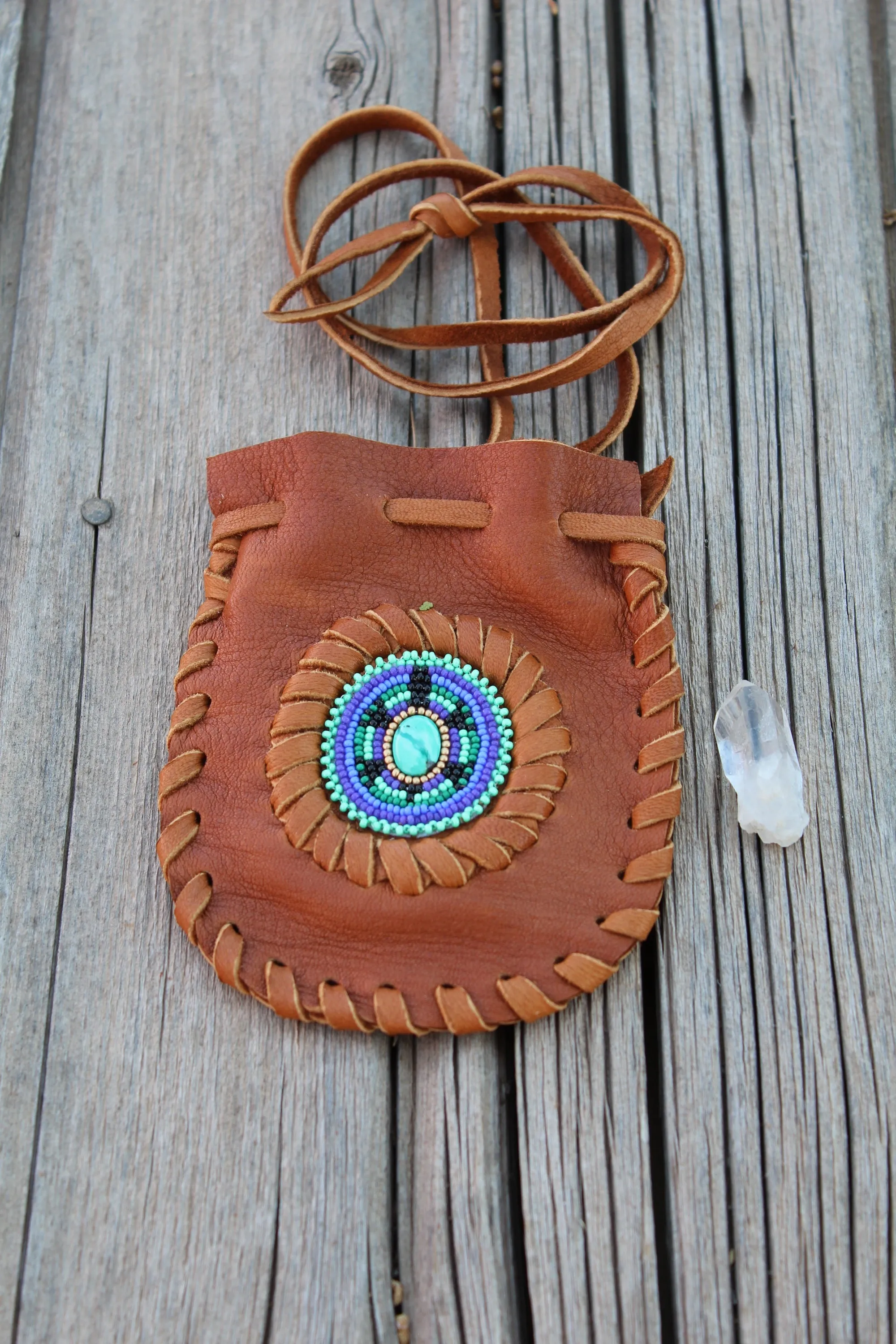 beaded turtle bag with turquoise cabochon