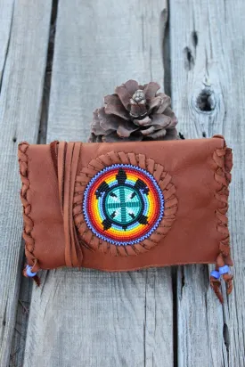 Beaded turtle totem clutch, beaded leather clutch