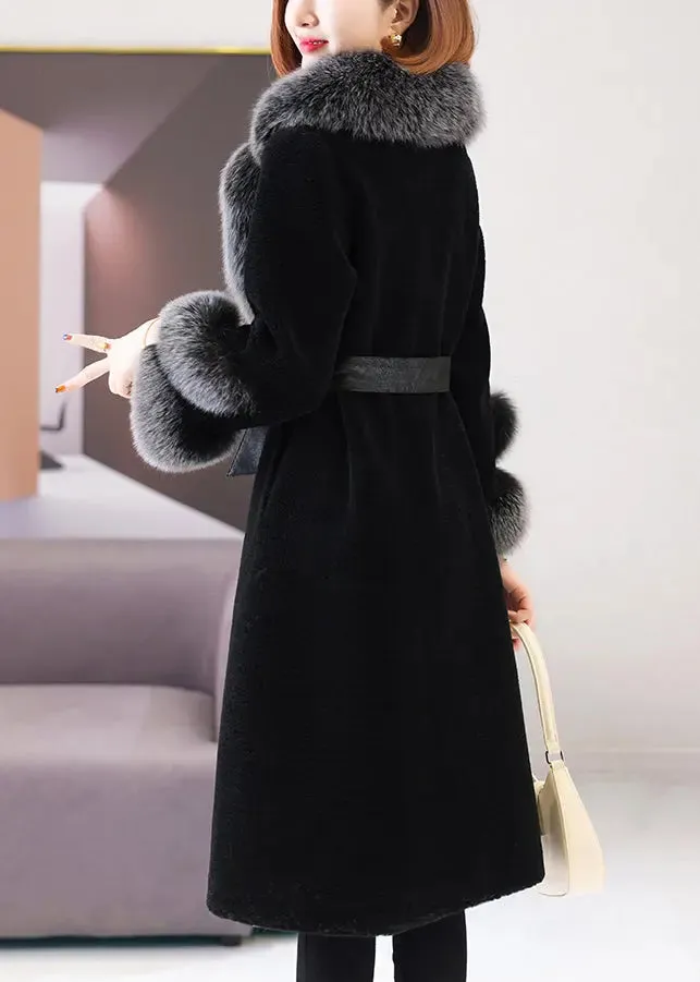 Beautiful Black Fox Collar Tie Waist Woolen Long Coat Winter ML1189