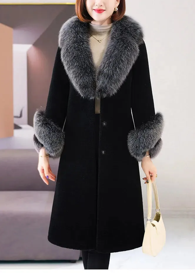 Beautiful Black Fox Collar Tie Waist Woolen Long Coat Winter ML1189