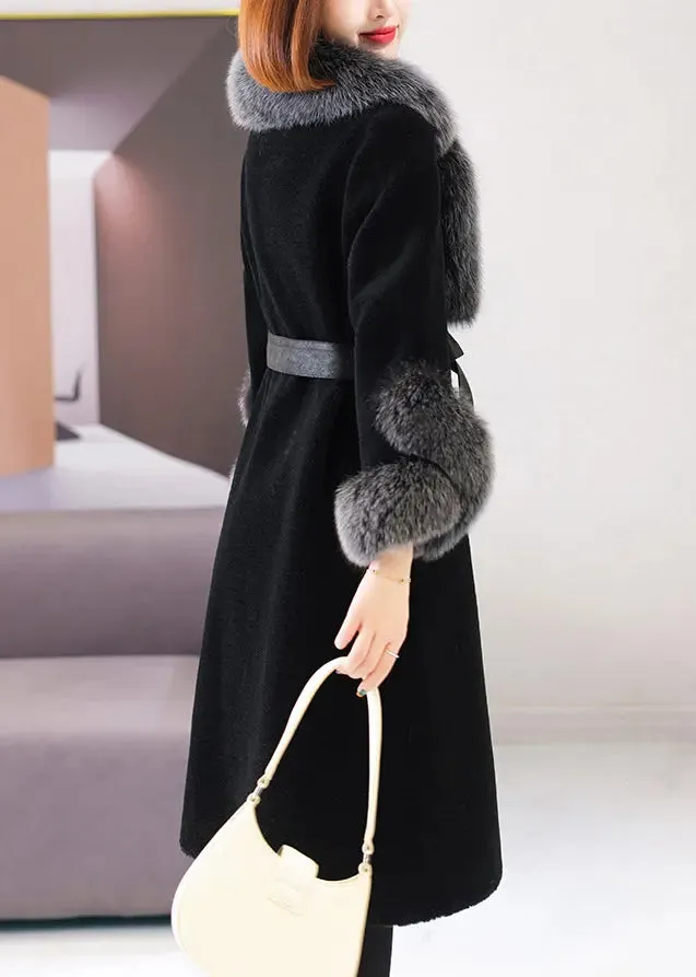 Beautiful Black Fox Collar Tie Waist Woolen Long Coat Winter ML1189