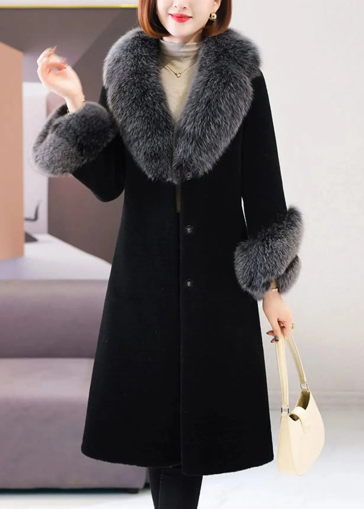 Beautiful Black Fox Collar Tie Waist Woolen Long Coat Winter ML1189