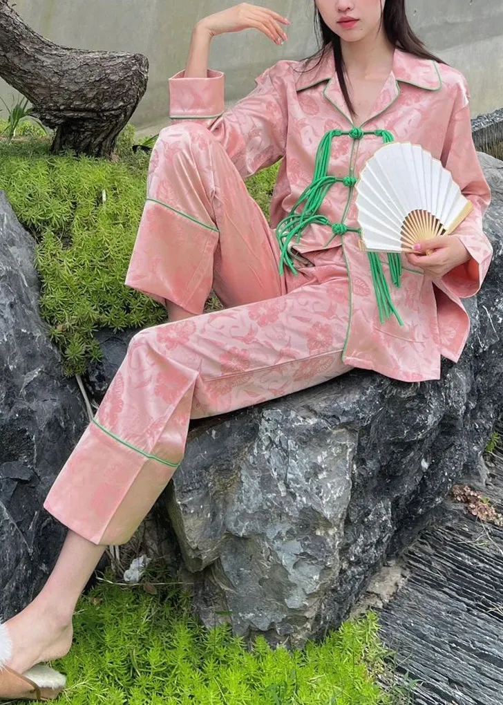 Beautiful Pink Peter Pan Collar Print Button Ice Silk Pajamas Two Pieces Set Spring LY1908