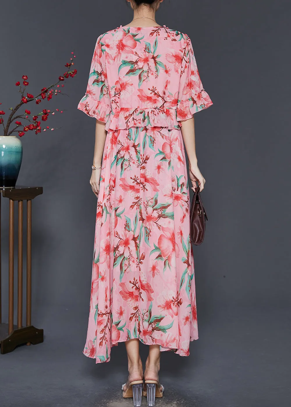 Beautiful Pink Ruffled Print Exra Large Hem Chiffon Dresses Summer SD1086