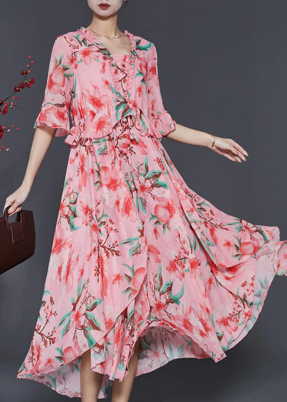 Beautiful Pink Ruffled Print Exra Large Hem Chiffon Dresses Summer SD1086