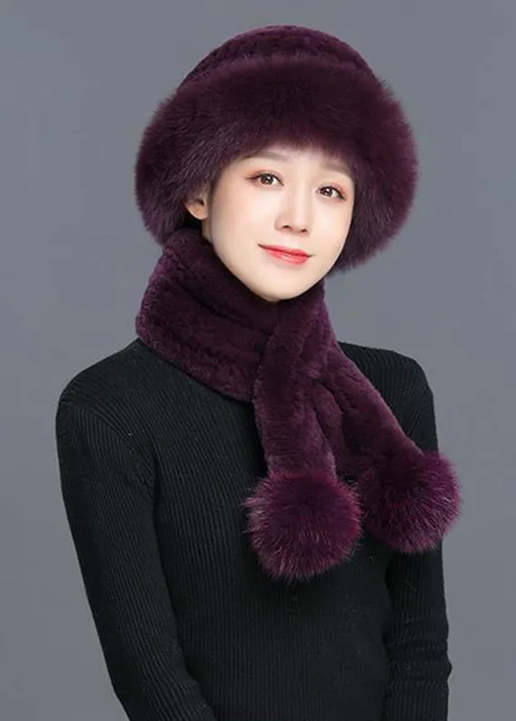 Beautiful Taro Purple Rabbit Hair Leather And Fur Cloche Hat