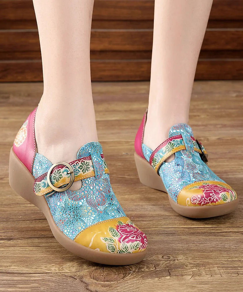 Beautiful Yellow Buckle Strap Embossed Wedge High Wedge Heels Shoes SL1009