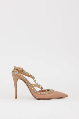 Beige & Blue Rolling Rockstud Caged Heel