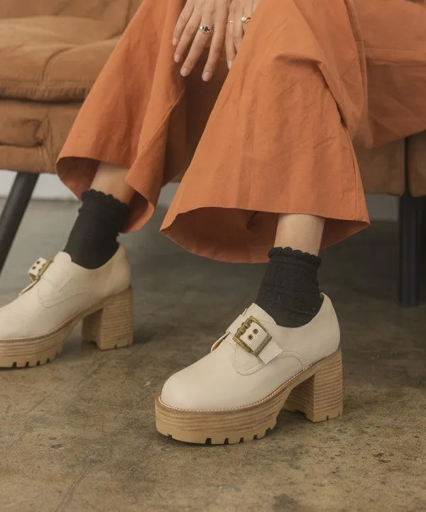 Beige Buckled Platform Loafers