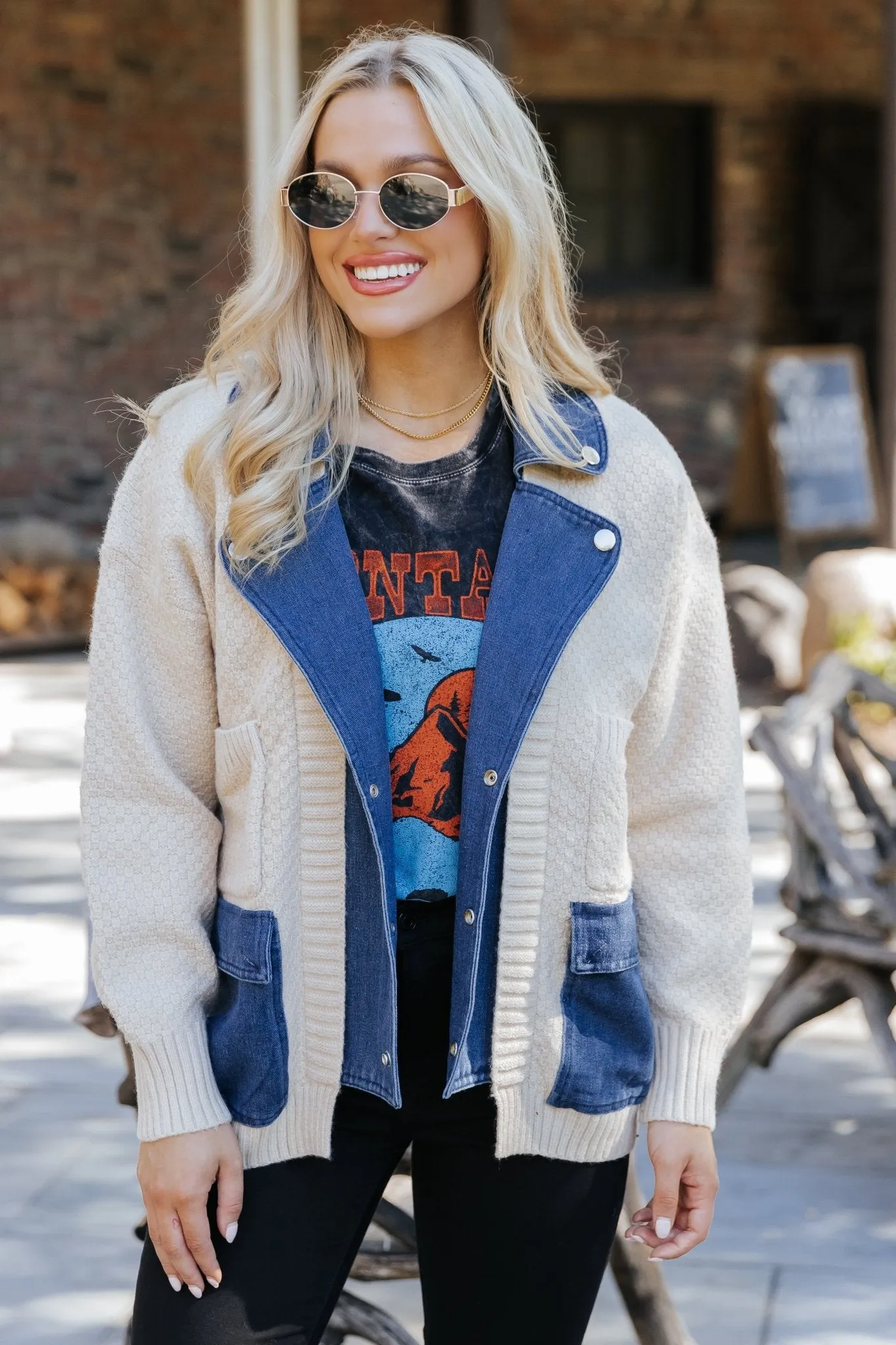 Beige Button Down Denim Cardigan