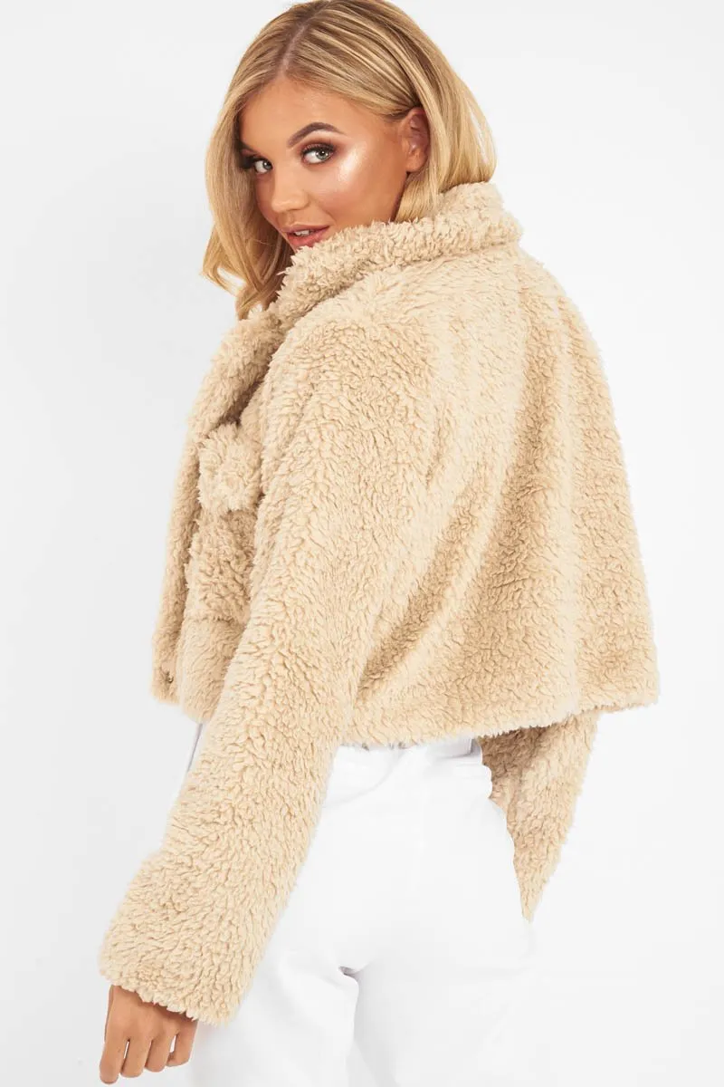 Beige Cropped Borg Popper Button Coat - Ezmerelda