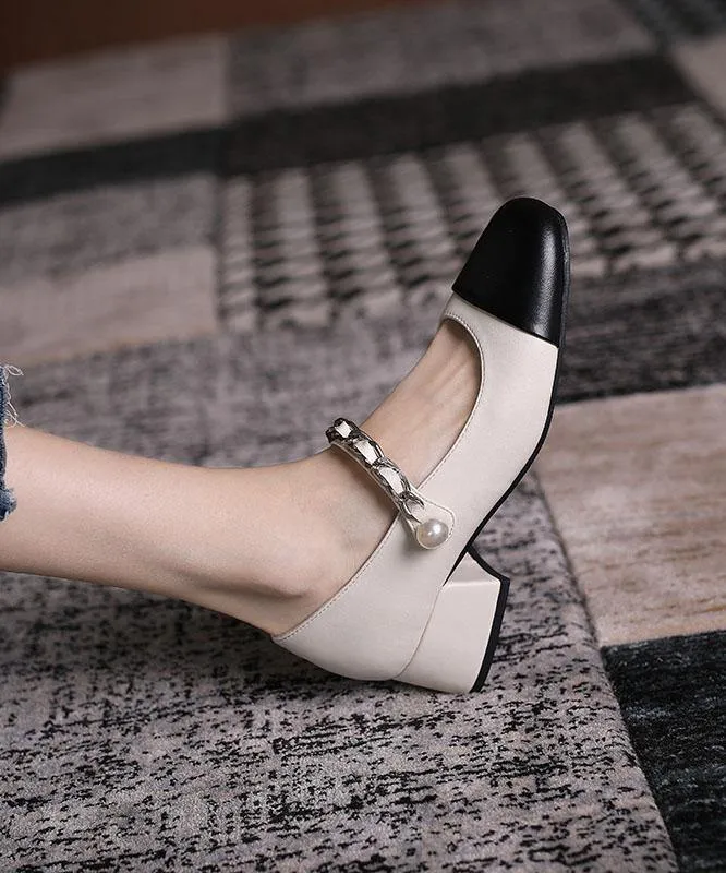 Beige Faux Leather Patchwork Casual Buckle Strap Chunky High Heels