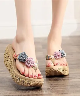 Beige Flip Flops Splicing Floral Platform Beach Holiday