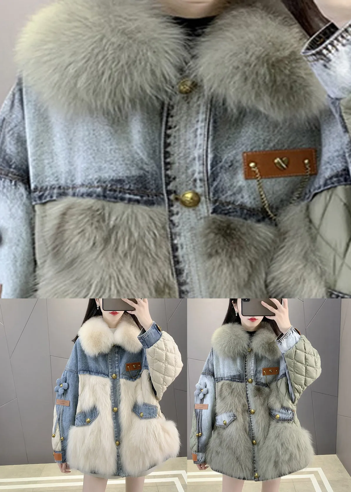 Beige Fox collar Denim Patchwork Button Down Coats Winter