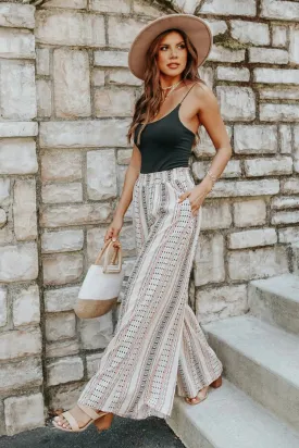 Beige Geometric Pattern Print Shirred Wide Leg Pants