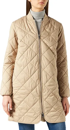 Beige Ladies Quilted Long Bomber Coat Jacket - Thi