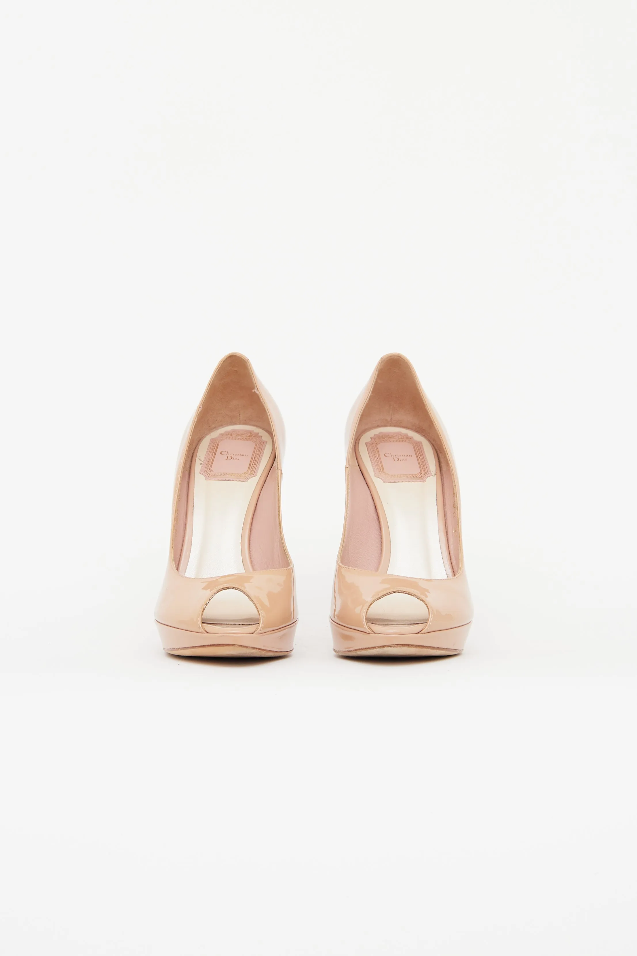 Beige Patent Peep Toe Pumps