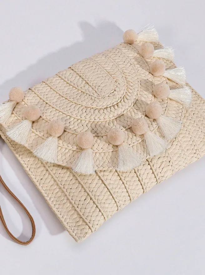 Beige Pompom Straw Clutch Bag