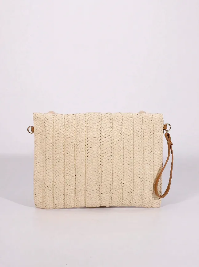 Beige Pompom Straw Clutch Bag