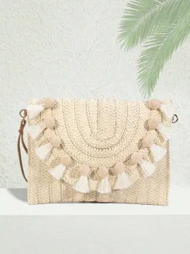 Beige Pompom Straw Clutch Bag