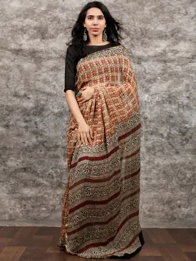 Beige Rust Brown Black Hand Block Printed Chiffon Saree with Zari Border - S031703493