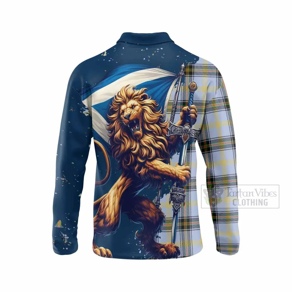 Bell Tartan Family Crest Long Sleeve Polo Shirt with Scottish Majestic Lion