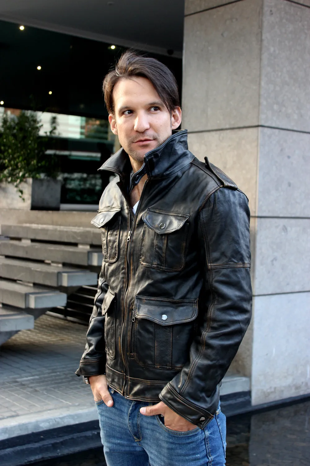 BELLAIR 4 Pocket Leather Jacket in Distressed Black