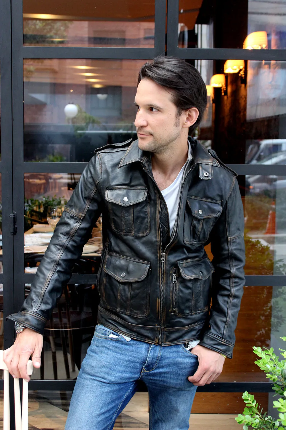 BELLAIR 4 Pocket Leather Jacket in Distressed Black