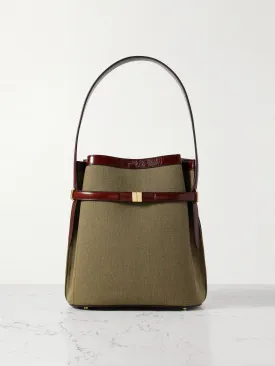 Belted textured leather-trimmed canvas tote